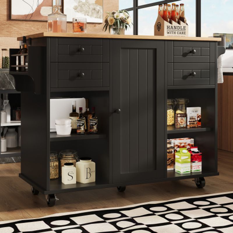 Moderne Kücheninsel (127×46×91,5cm) Küchenschrank Essschrank Mit Holzmaserung Esswagen Mit Multifunktionalem Stauraum Und Herausnehmbaren Trennwänden, Schwarz_voghion.com
