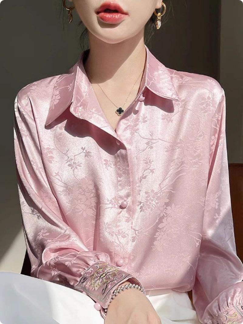 New Chinese Style Polo Collar Satin Cardigan Shirt Long Sleeved Women's Summer New Embroidered Jacquard Top_voghion.com
