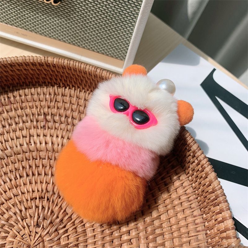 Portachiavi con ciondolo a forma di bruco in pelliccia di coniglio Rex del 2022, grazioso accessorio per gioielli e borse in peluche._voghion.com