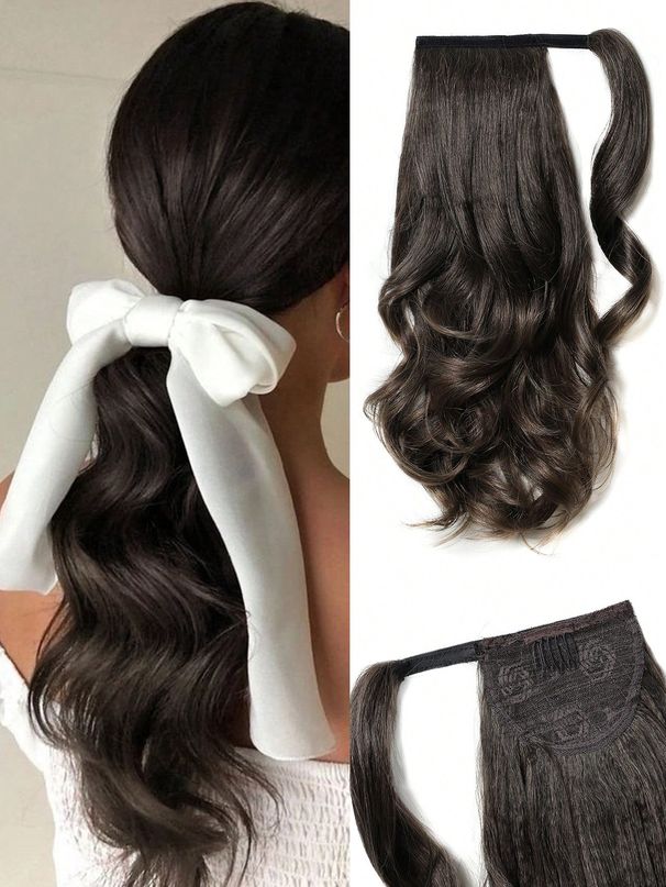 Extension, Long Extensions που τυλίγονται γύρω από 22 ιντσών κυματιστό σγουρό συνθετικό ψεύτικο κλιπ σε περούκα αλογοουρά Αφράτη ουρά πόνυ μαύρη_voghion.com