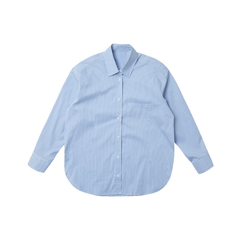 Casual Blue & White Striped Cotton Shirt For Women - Relaxed Fit Long Sleeve Button Down Top For Spring_voghion.com