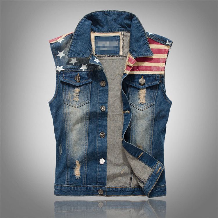 Herrenbekleidung Slim Fashion Herren Jeansweste Herren Jeansweste Weste Flagge Casual Weste_voghion.com