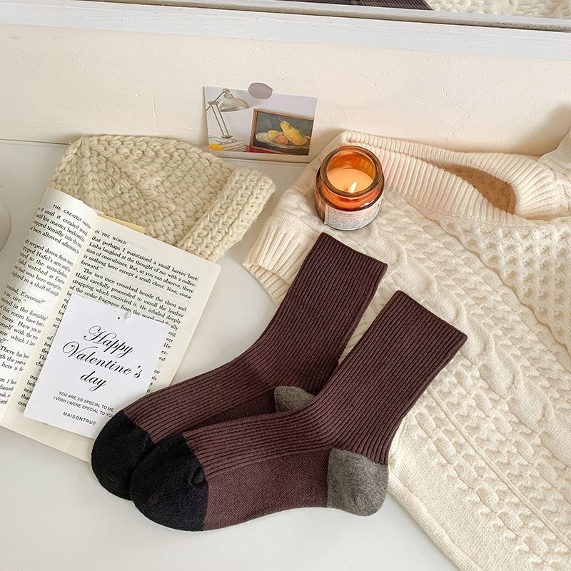 Gestreifte Socken aus Wollmischung für Damen und Herren – Mid-Crew-Thermosocken aus dickem Strick mit Farbblockierung, bequem und atmungsaktiv für alle Jahreszeiten_voghion.com