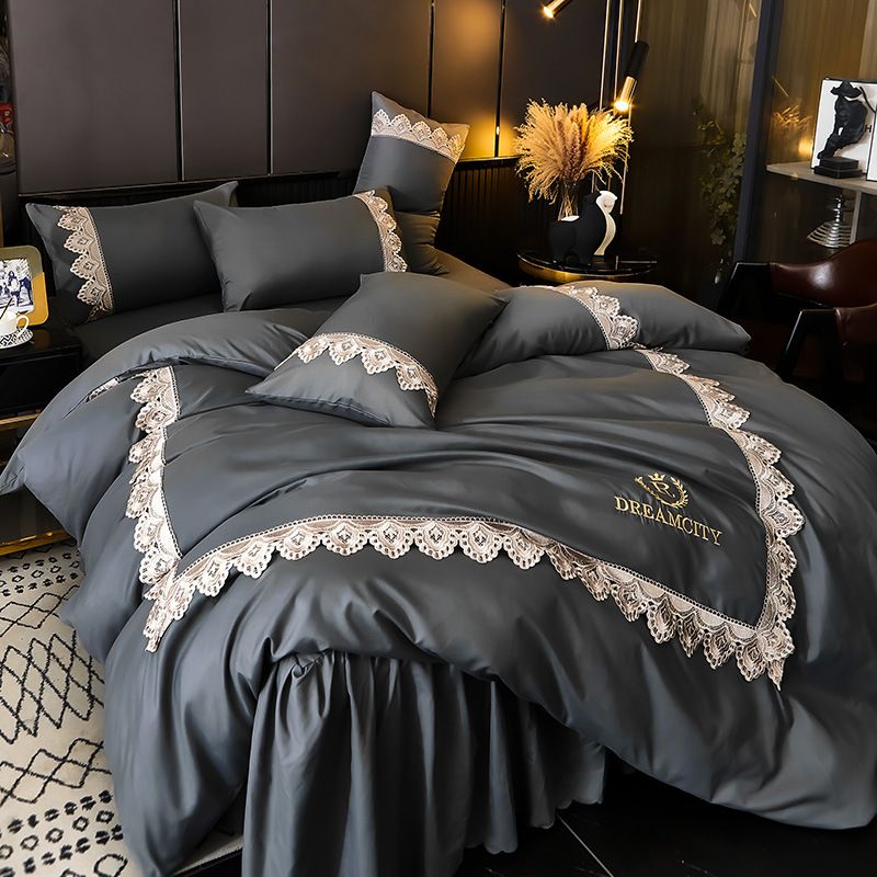 Parure de lit de luxe en flanelle brodée et dentelle – 4 pièces avec jupe de lit et housse de couette_voghion.com