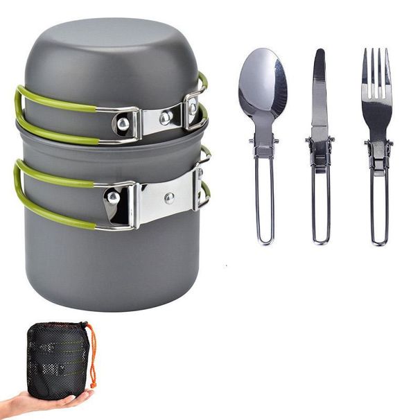 Set di pentole e padelle portatili multifunzionali da tre pezzi per campeggio, picnic e attività all'aperto, con coltello pieghevole, cucchiaio e forchetta._voghion.com