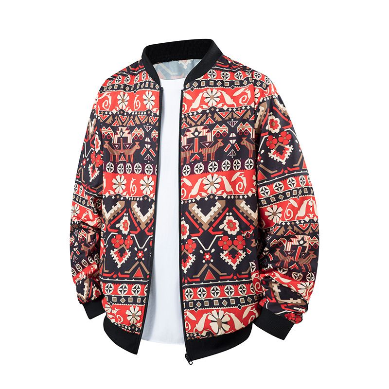 Baseballjacke mit Retro-Print für Herren – Dehnbarer Vierwegestoff, lockere Passform, Stehkragen (Blumen-/Geometrische Muster, S-2XL, unverzichtbar für Frühling/Herbst)_voghion.com