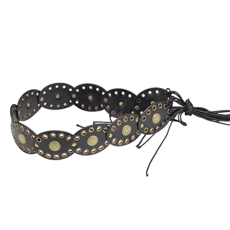 Studded Round Disc Rope Tie Knot Ethnic Style Women Bohemian Waist Ring Elastic Belt For Ladies_voghion.com