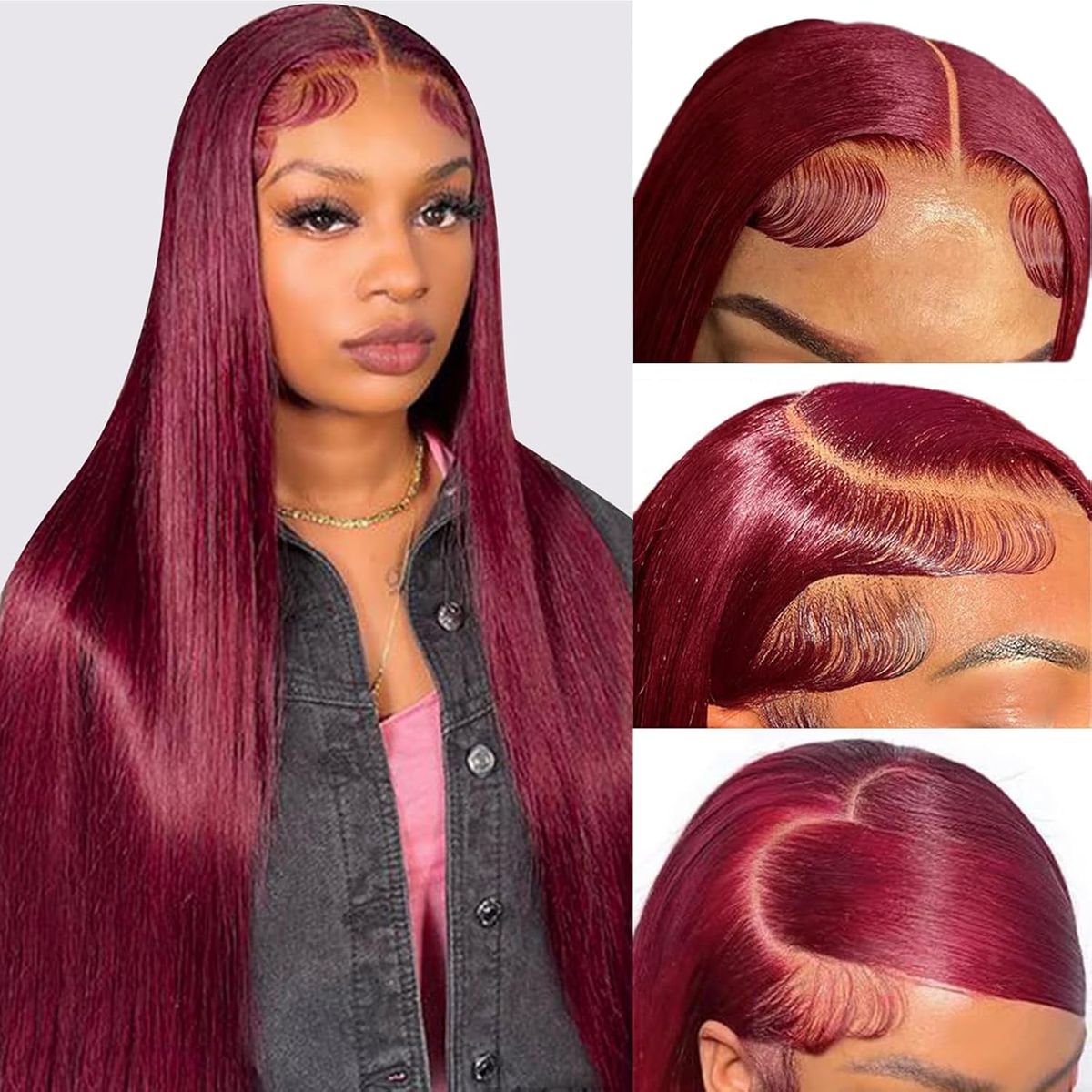 28 tommer 99J Bourgogne Lace Front Parykker Ægte hår Vinrødt Glat 13x4 HD Lace Frontal Parykker Ægte hår Forplukket med babyhår Limfri_voghion.com