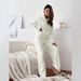 Set di felpa con cappuccio in morbida maglia e pantaloni da salotto da donna - Completo due pezzi a righe in tinta unita per donna, comodo abbigliamento casual_voghion.com