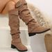 The new fall and winter plus-size women's boots have a low heel with a metal buckle on the side_voghion.com