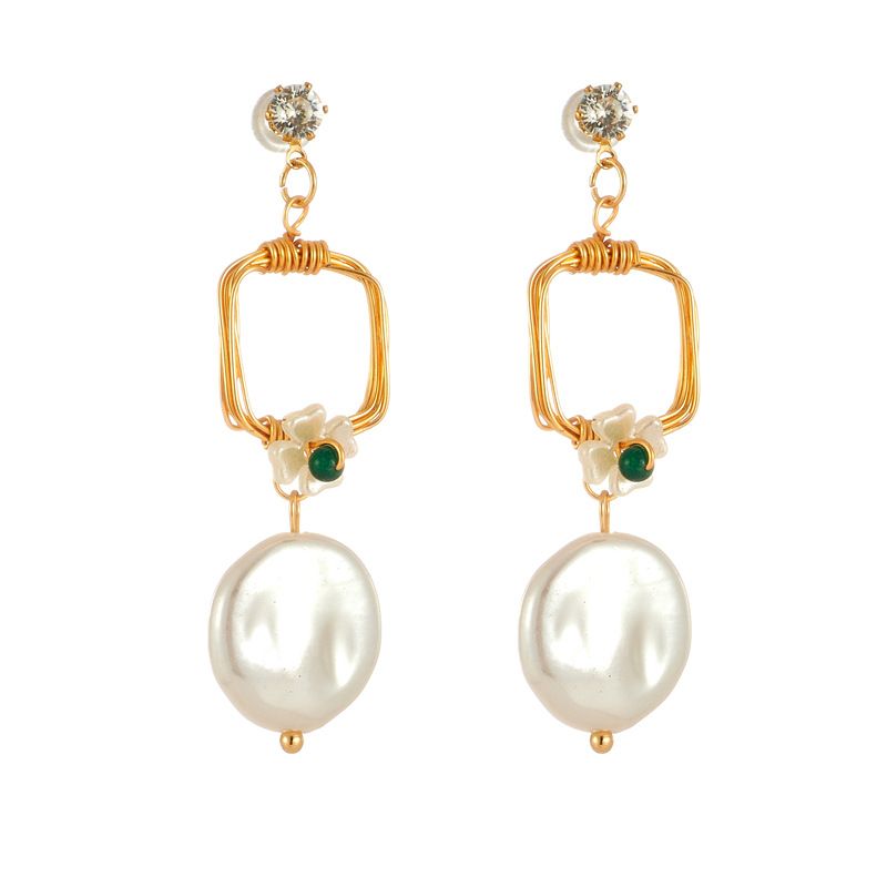 Modische handgemachte drahtgewickelte kupferplattierte 14k Echtgold Kristall Ohrringe, geometrische ABS Perlen Ohrringe_voghion.com