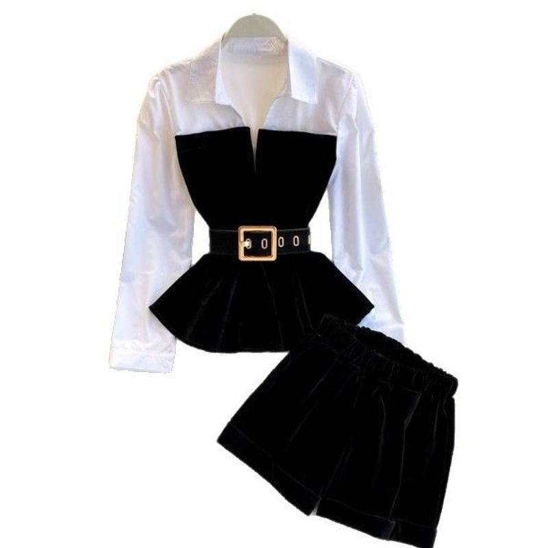 Abbigliamento da donna primavera ed estate stile hot girl sexy tuta da donna patchwork camicia top + pantaloncini a gamba larga due pezzi tuta_voghion.com