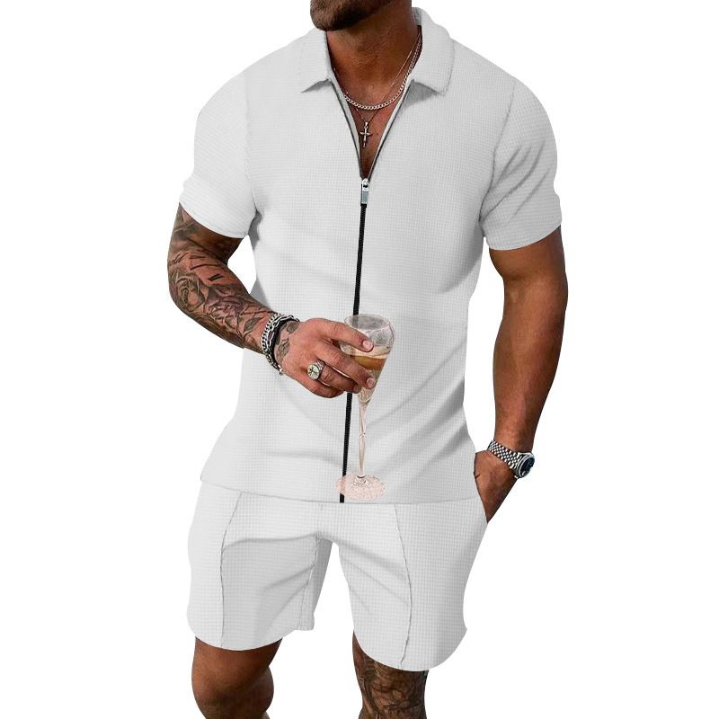 2024 Nuova camicia Polo colletto Pantaloncini a manica corta con cerniera da uomo Tinta unita Set casual_voghion.com