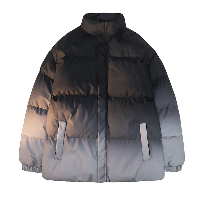 Giacca in cotone sfumato alla moda – Piumino oversize unisex, collo alto e cuciture a contrasto_voghion.com