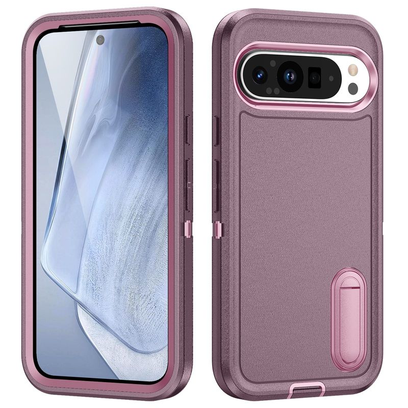 Per Google Pixel 9 Custodia per telefono in silicone + PC robusto con supporto (viola+rosa)_voghion.com