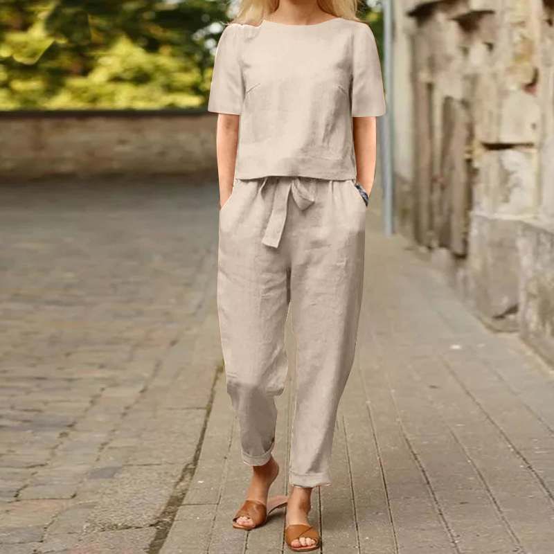 Women's clothing linen summer matching suits half-sleeved O-neck oversized cardigan e wide-leg pants retro suit two pieces_voghion.com