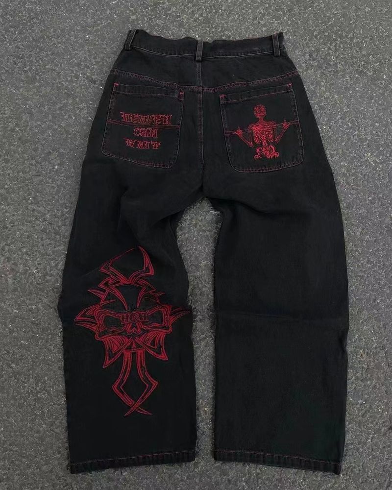 Jeans Y2K pour hommes, style Harajuku, hip-hop, rétro, crâne, motif brodé, style baggy, pantalon en denim, style gothique, taille haute, large_voghion.com
