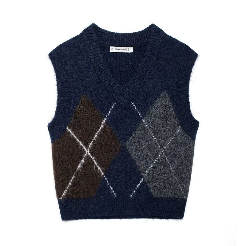 Camiseta de tirantes de punto con cuello redondo y sin mangas con estampado de diamantes para mujer, otoño/invierno 2024_voghion.com