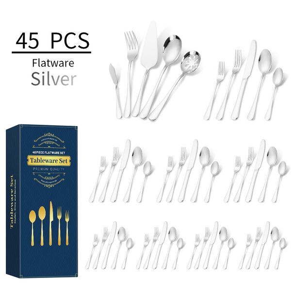 Stainless Steel Knife, Fork And Spoon Utility Pieces Butter Dessert Cake Shovel 8 People 45 Pieces Tableware Set_voghion.com