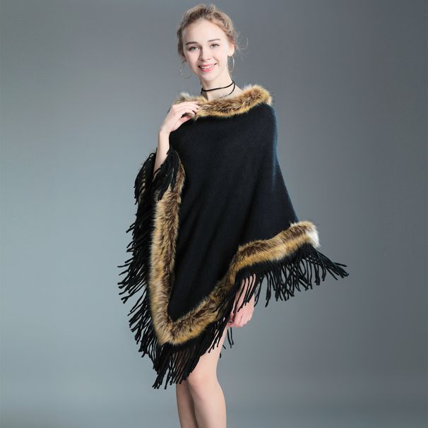 Fur collar shawl cape tassel knitted pullover fur cape woman_voghion.com