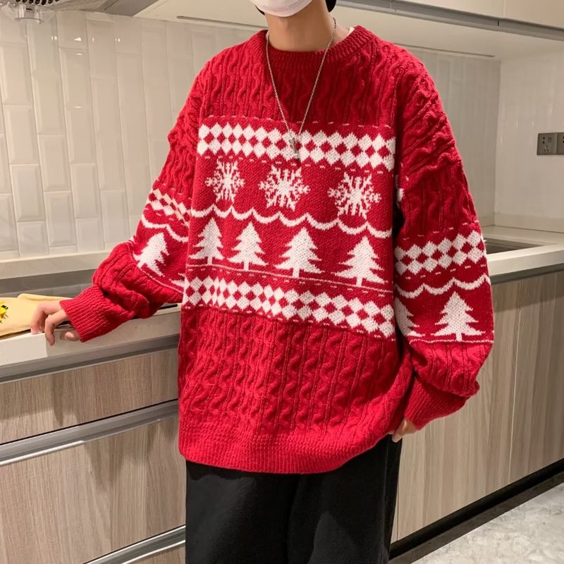 Japanese retro diamond pattern twist Christmas red sweater men's couple winter lazy style pullover sweater top_voghion.com