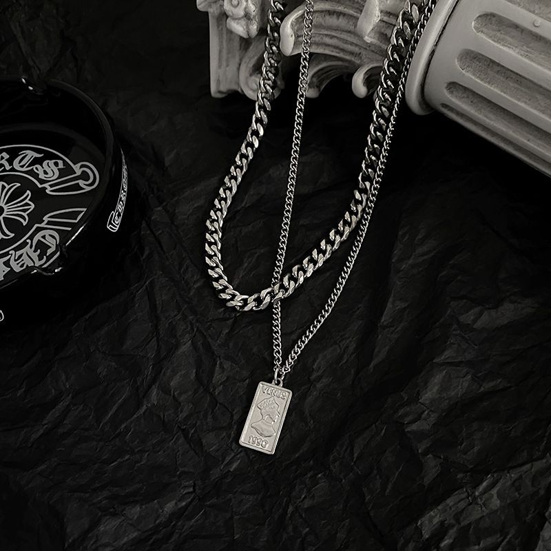 Collana Hip Hop a doppio strato con ciondolo in acciaio al titanio, accessorio per uomo cubano, design di nicchia alla moda_voghion.com