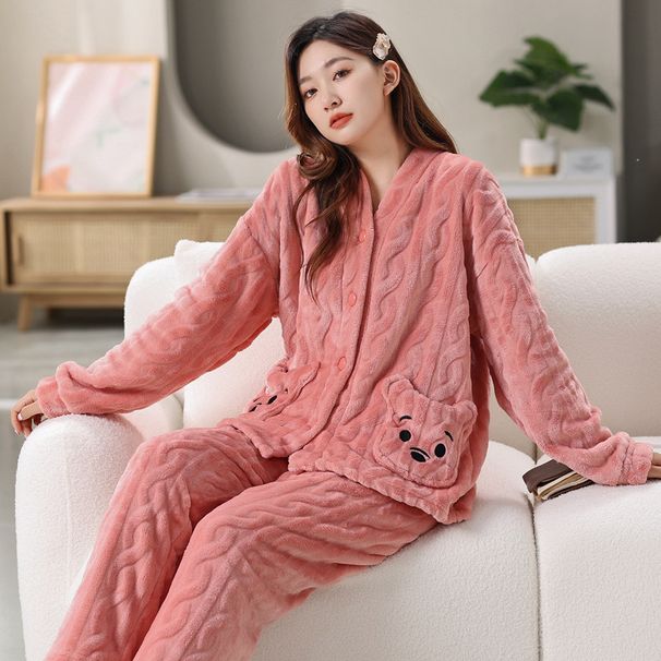 Bear Pajamas Women's Autumn And Winter Long-sleeved Fleece Thickened Warm Loungewear Set_voghion.com