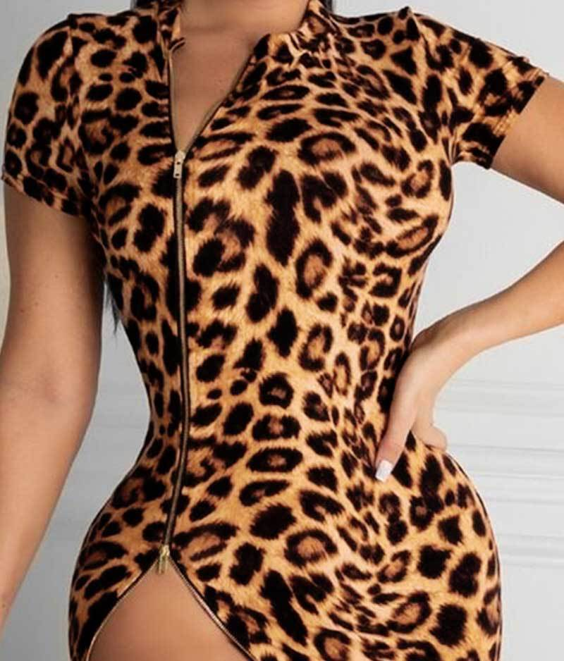 Women'S leopard print short-sleeved test slit tight dress_voghion.com