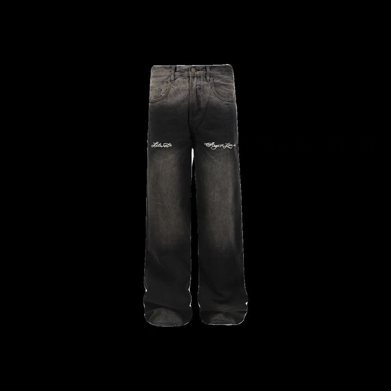 Herreklær Vår og høst Tofarget Vasket Personlighet Broderi Retro Distressed Løse Vide Ben Draperte Jeans Herretrend_voghion.com