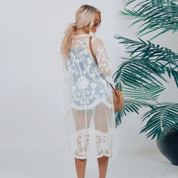 Women's mesh embroidery, holiday sunscreen cardigan, beach jacket, bikini outer layer_voghion.com