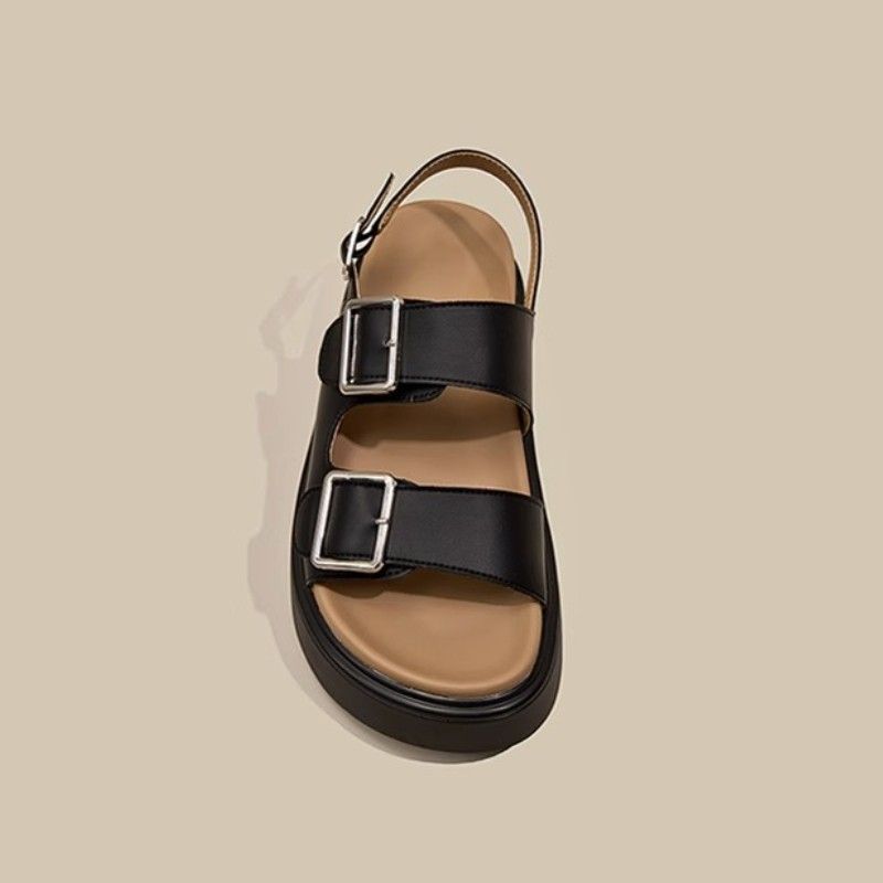 Novo estilo de sandálias romanas casuais femininas de couro macio com fecho grosso, retrô, de nicho e versáteis_voghion.com