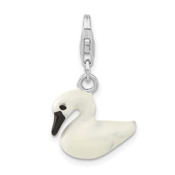 Sterling Silver 3-D Enameled White Swan W/ Lobster Clasp Charm_voghion.com