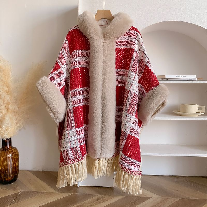 Novo casaco xadrez solto de inverno para mulheres, gola de pele grande e espessada, lã de cordeiro à prova de vento e quente_voghion.com