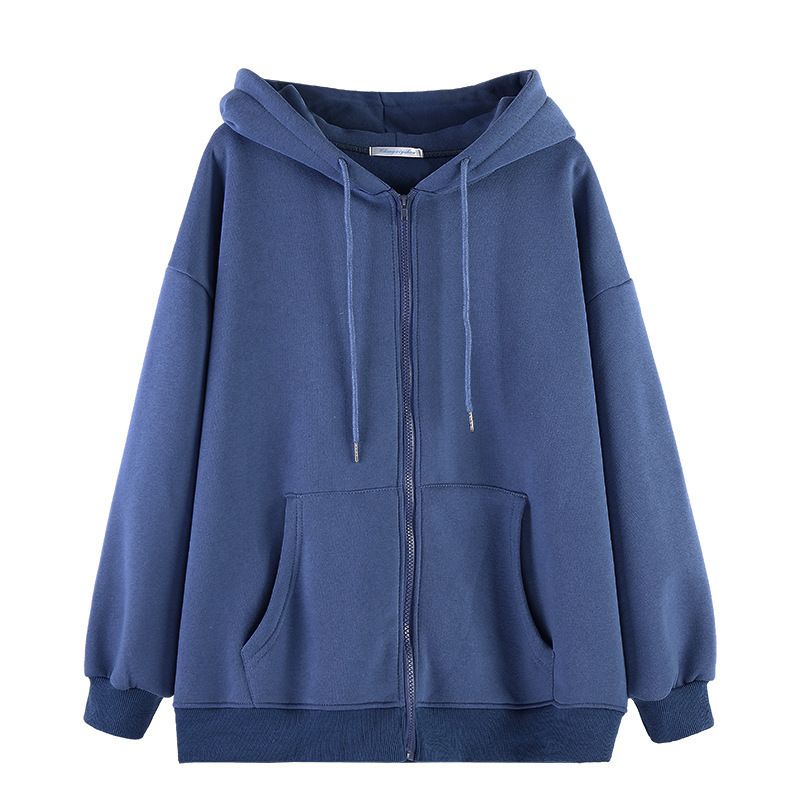 Haruku korealainen versio hupullinen collegepaidat naisille talvi kiinteä vetoketjullinen löysä takki vintage pitkähihainen ylisuuri_voghion.com