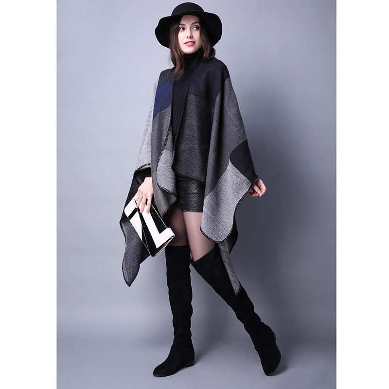 Autumn and Winter Scarves Versatile Plaid Women's Travel Shawl Cashmere Ethnic Style Split Thickened Cloak_voghion.com