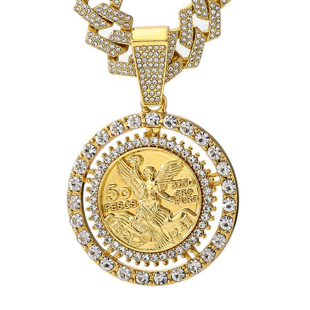 Hip Hop Spinning Angel Pendant Necklace For Men & Women - 18" Cuban Chain With Rotating Religious Charm & Rhinestone Details (Gold)_voghion.com