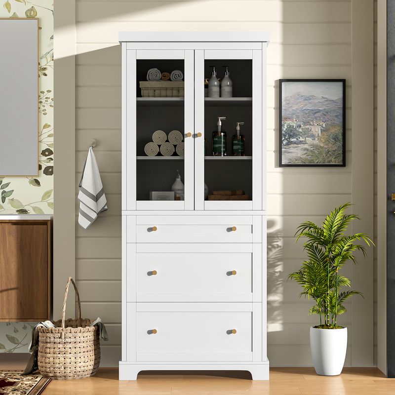 70.1" Modern High Freestanding Tall Bathroom Cabinet With 2 Adjustable Shelves, 3 Drawers, Soft Close Glass Doors – Ideal For Bathroom, Living Room, Kitchen Storage_voghion.com