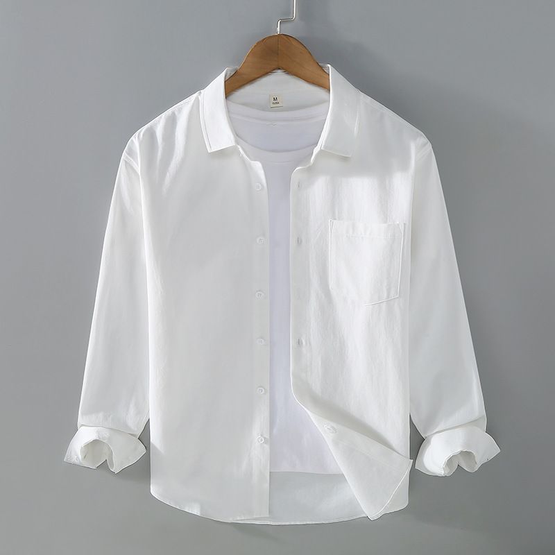 2024 Nuova semplice e versatile camicia a maniche lunghe per uomo primavera e autunno puro cotone stile retrò casual tinta unita polo bianca collo_voghion.com