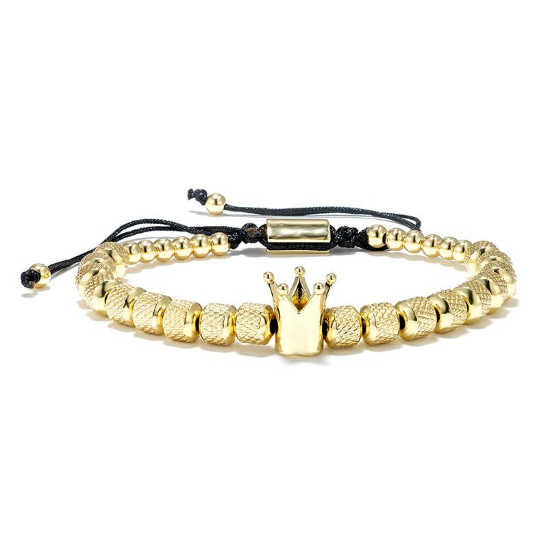 Pulseira vintage de cobre com coroa, pulseira de aço inoxidável com contas de abacaxi, pulseira trançada ajustável_voghion.com