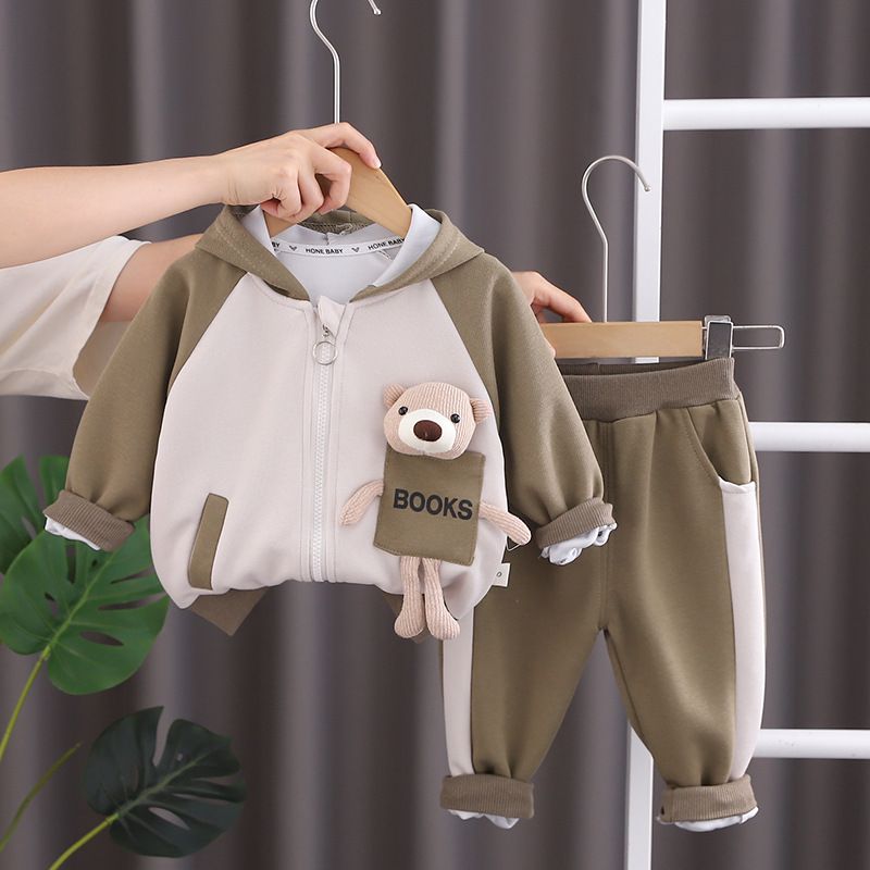 Conjunto infantil com capuz e estampa de urso Wneebear - Jaqueta e calça de algodão macio de 2 peças para meninos e meninas (80-120 cm) - Roupa casual aconchegante para inverno, primavera e outono_voghion.com