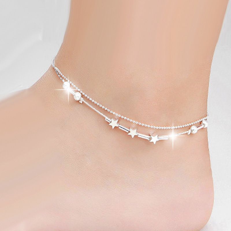 Tornozeleira com estrelas prateadas, dupla camada, pingentes banhados a prata, joias para tornozelo, tornozeleiras para mulheres, joias para os pés_voghion.com