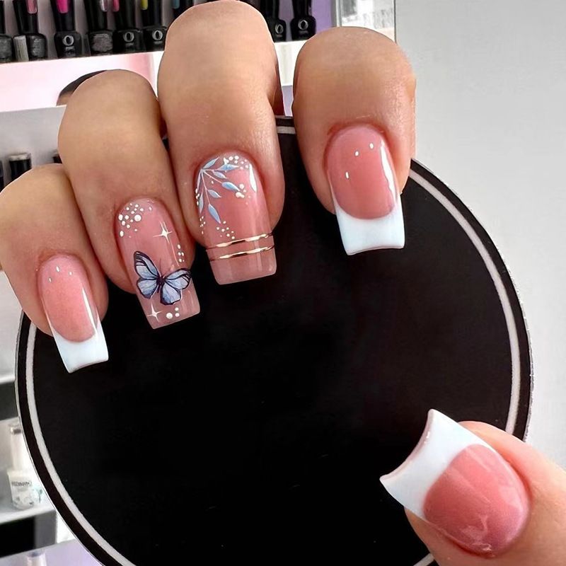 Vierkant Groen 24 Stuks Hoofd Franse Nep Nagel Middellange Vlinder Ontwerpen Druk Op Nagels Wearable Volledige Dekking Valse S S_voghion.com