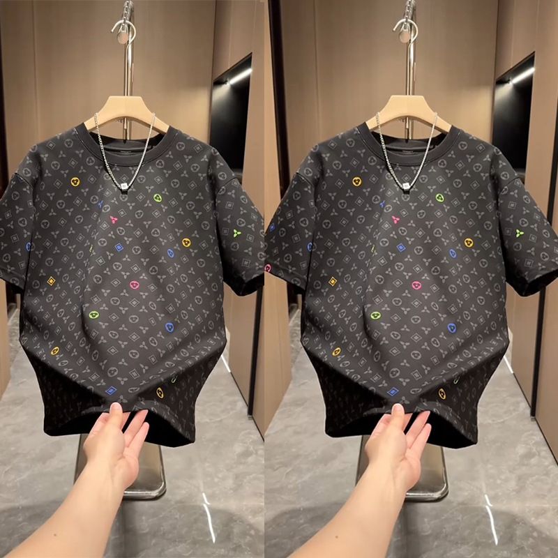 Men's Clothing Full Print Short Sleeved Heavy T Shirt Trendy All Match Round Neck Top Handsome Bottoming Shirt_voghion.com