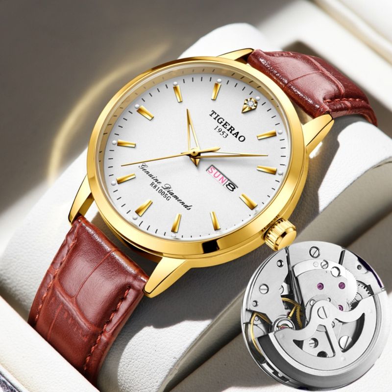 Men's Fully Automatic Mechanical Watch Waterproof Luminous Skeleton Genuine Leather Strap Ultra-thin Quartz Wristwatch_voghion.com