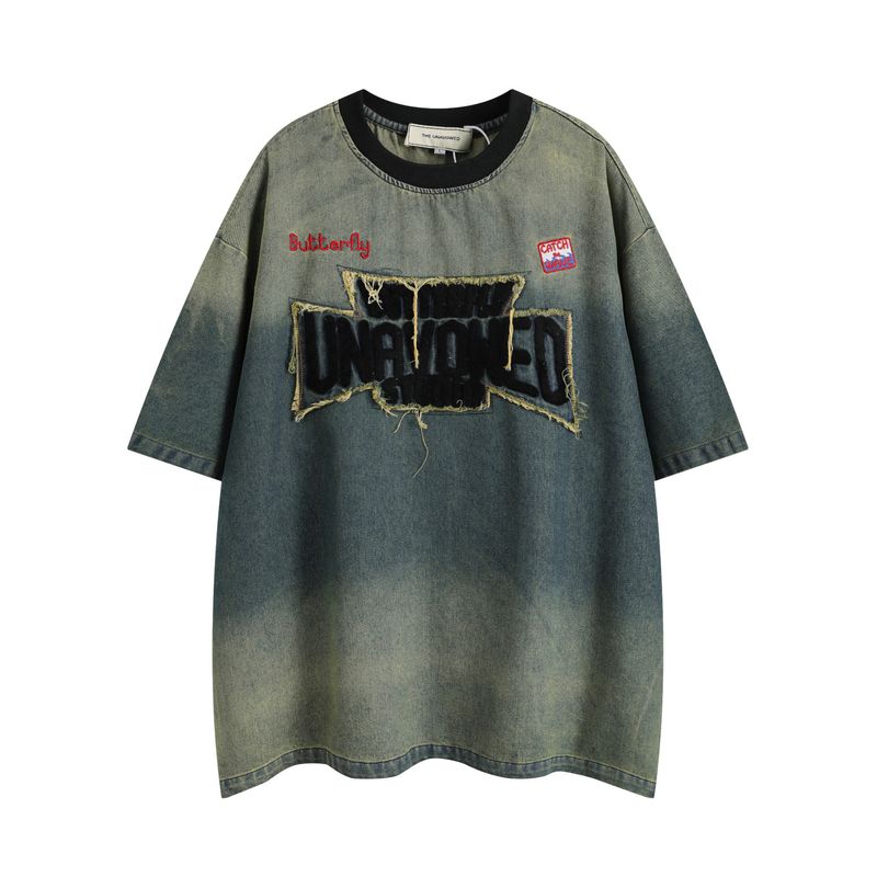 T-shirt a maniche corte con ricamo a lettera, stile retrò, con toppa tie-dye e bordo grezzo, per uomo e donna, vecchie magliette lavate e larghe._voghion.com