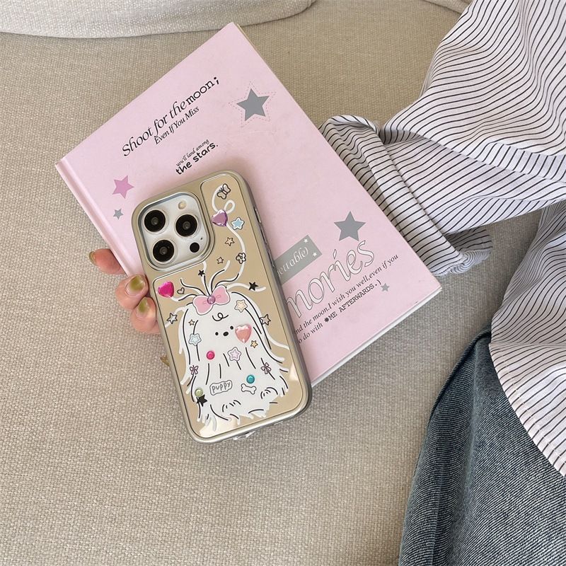 Mirror Surface Scribbled Lines Puppy Rhinestone Sticker Compatible With IPhone 16 Pro Max 15 Phone Case 14 Cartoon_voghion.com