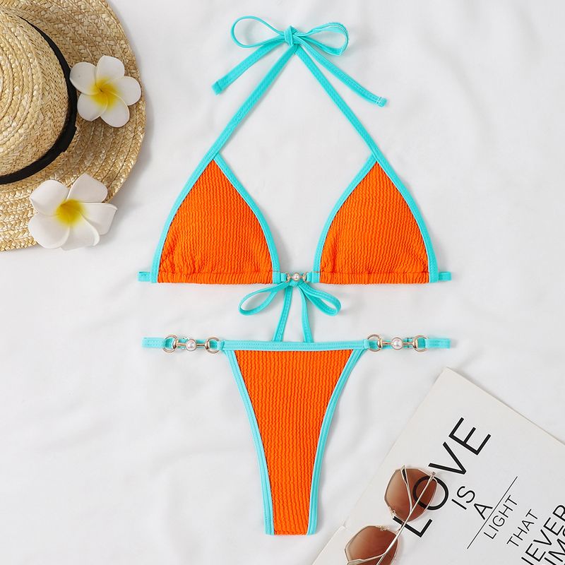 bikini sexy perizoma a tre punti in metallo perlato con motivo a onde in contrasto di colore_voghion.com