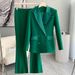 Women's Dark green mid-length suit top with slightly flared wide-leg trousers trousers two-piece set_voghion.com