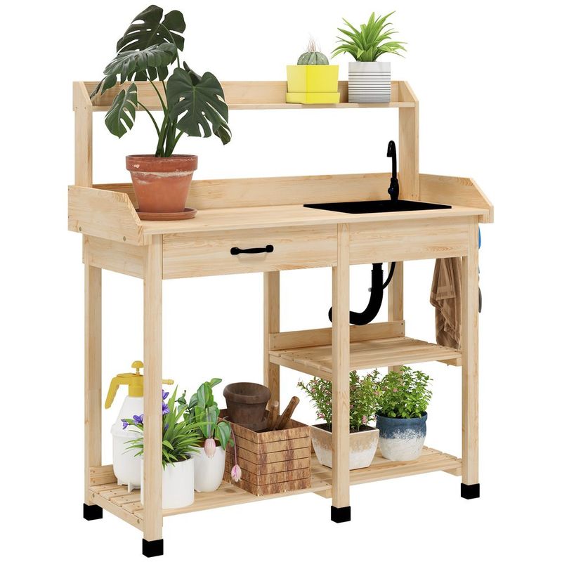 Potting Bench Table, Outdoor Garden Table Wooden Work Station With Removable Sink, Faucet, Drawer, Shelves, Hooks, Natural Wood_voghion.com