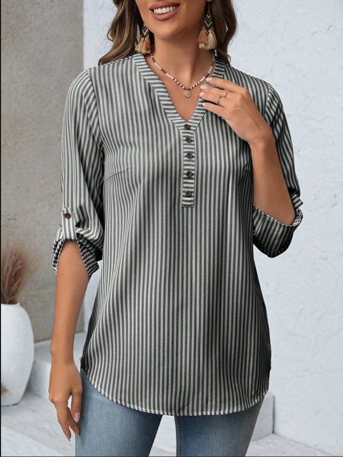 Dametøj Forår og efterår Retro elegant ternet stribet skjorte med trekvartærmer_voghion.com